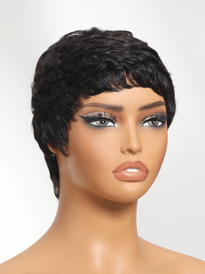 Pixie Cut Baby Bangs Black Human Hair Glueless Wig