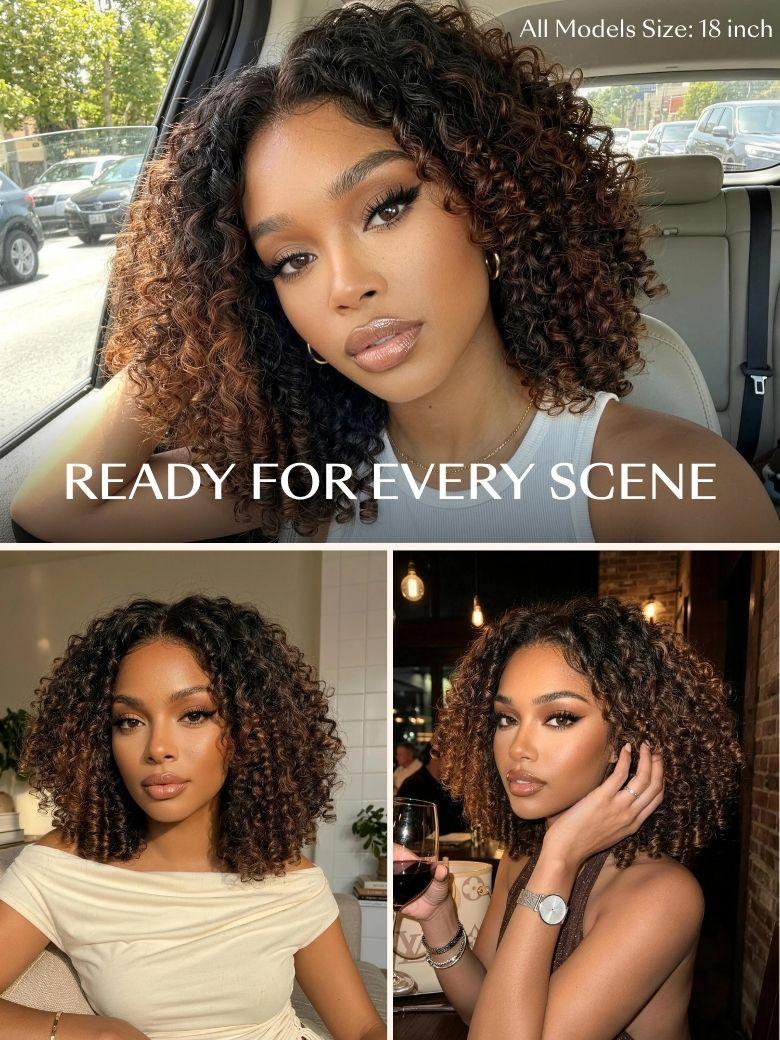 7x5 Bye Bye Slip? Glueless Lace Black to Chestnut Brown Ombre Burmese Curly With Finger Coil Ends Wig-Put On & Go With Invisi Drawstring