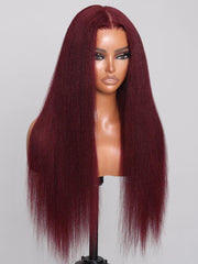 Bye Bye Knots Wig 7x5 Glueless Lace Burgundy Yaki Wig With Bleached Knots