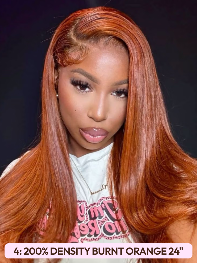 [All 13x4 Front] 200%/ 150% Density Wide Front Lace Fluffy Loose Wave/ Chocolate Brown/ Side Swept Bangs/ Bouncy Water Wave Curly/ Burnt Orange Wigs