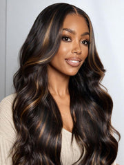 13x4 Pre-Everything? Lace Frontal Brown With Caramel Highlights Yaki Loose Wave Drawstring Wig