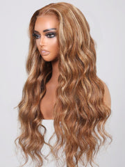 6x4.5 Pre Cut Lace Put On And Go Honey Blonde Highlights Body Wave Wig