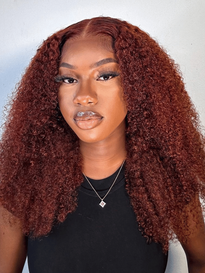 Petaluxe 20 Inch 13x4 Lace Front Kinky Curly Wig Reddish Brown Color 150% Density No Baby Hair