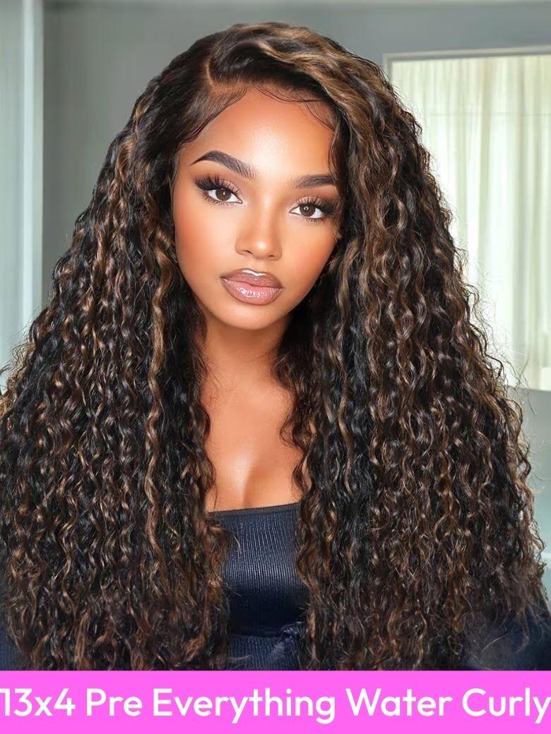 13x4 Pre-Everything? Lace Frontal Caramel Brown With Honey Blonde Highlights Water Wave Glueless Drawstring Wig