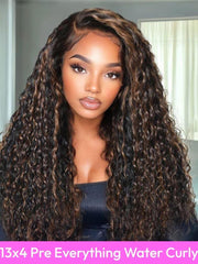 13x4 Pre-Everything? Lace Frontal Caramel Brown With Honey Blonde Highlights Water Wave Glueless Drawstring Wig