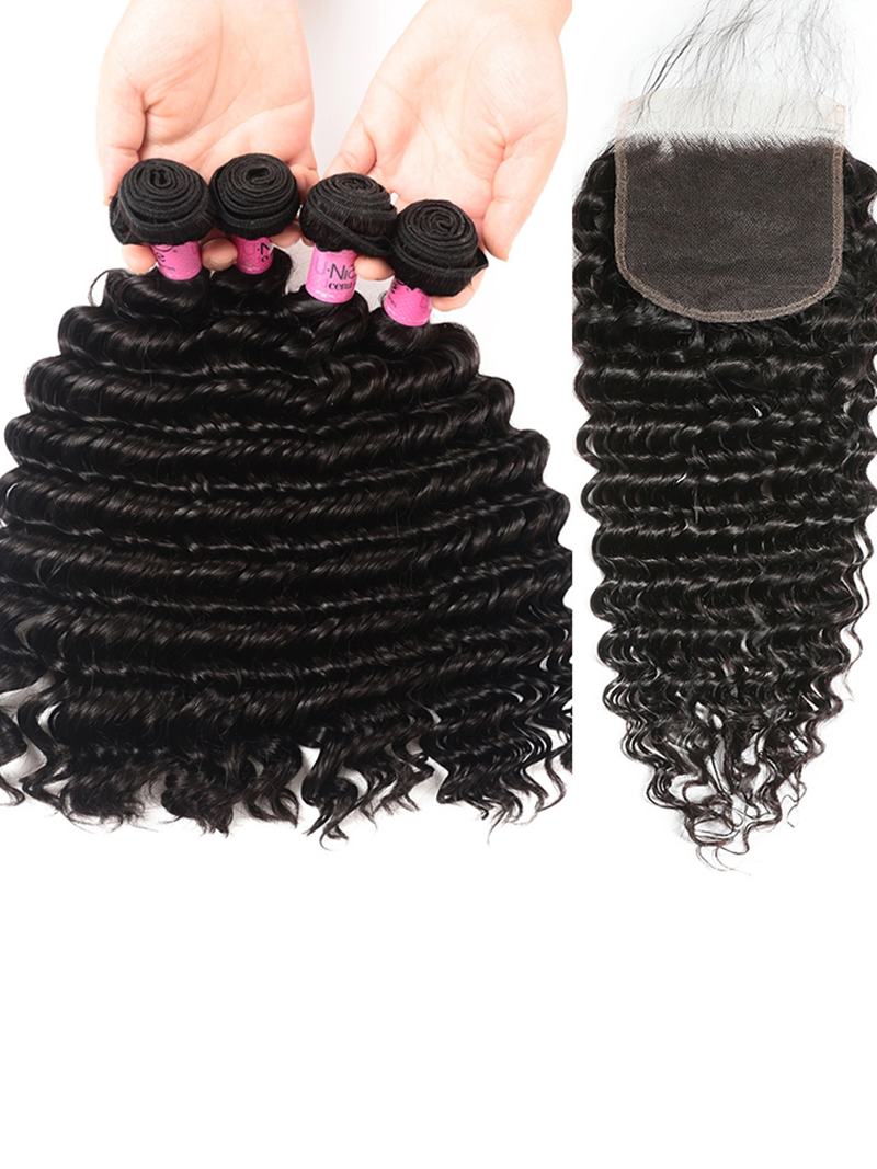 Deep Wave 4 Bundles with 5x5 Free Part HD Lace Closure Natural Black