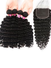 Deep Wave 4 Bundles with 5x5 Free Part HD Lace Closure Natural Black