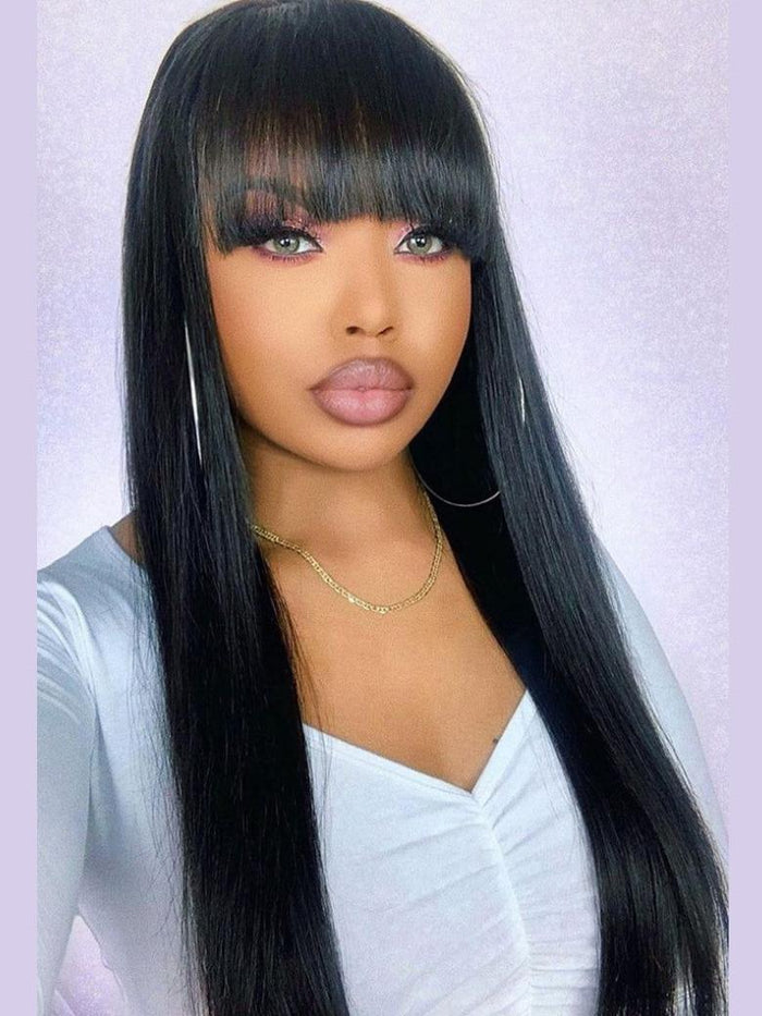 Petaluxe 13x4 Transparent Lace Frontal Straight Hair With Bangs Pre Plucked Human Hair Wig