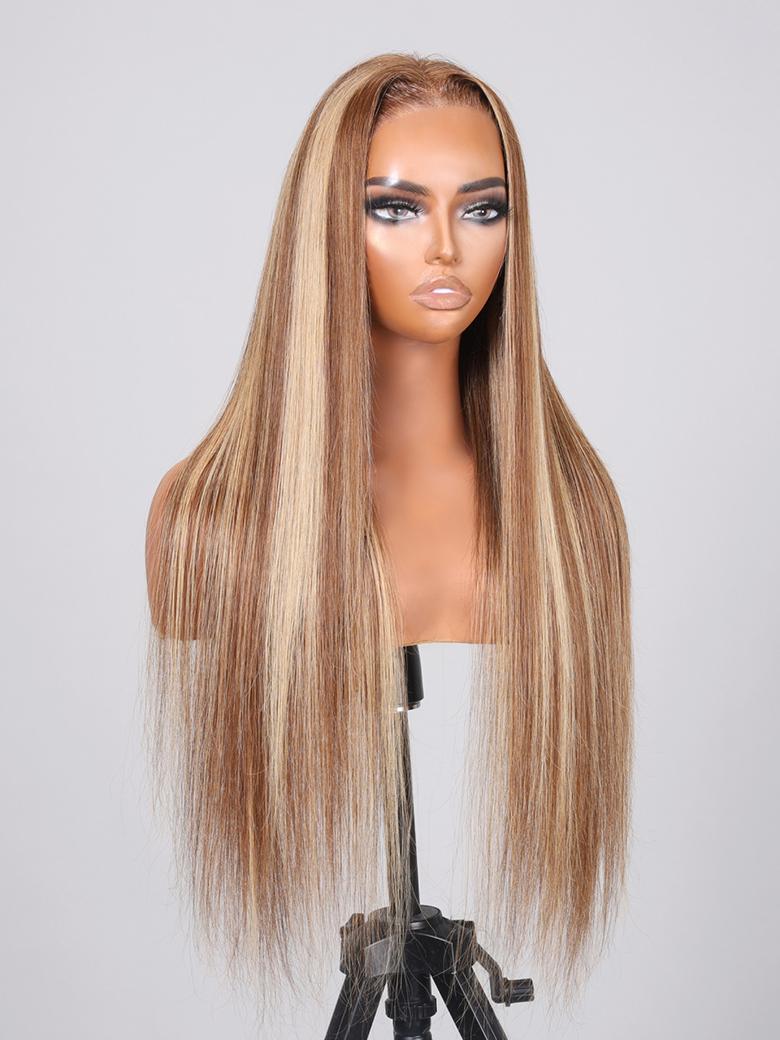 [24"=$159] Put On And Go 6x4.5 Pre Cut Lace with Baby Hair Honey Blonde Highlights Straight Hair Air Wig