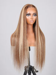 [24"=$159] Put On And Go 6x4.5 Pre Cut Lace with Baby Hair Honey Blonde Highlights Straight Hair Air Wig