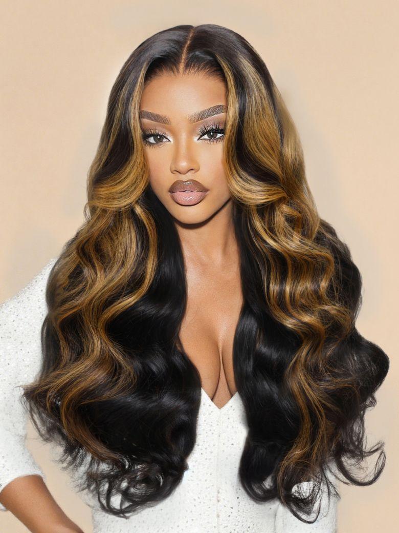 Black with Caramel Blonde Highlights Bye-Bye Knots 7x5 Lace Body Wave Wig