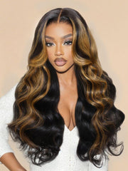 Black with Caramel Blonde Highlights Bye-Bye Knots 7x5 Lace Body Wave Wig