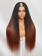 Natural Black Yaki V Part Real Scalp Wig with Soft Layers& Black to Reddish Brown Ombre Yaki Straight Glueless Wig 150% Density