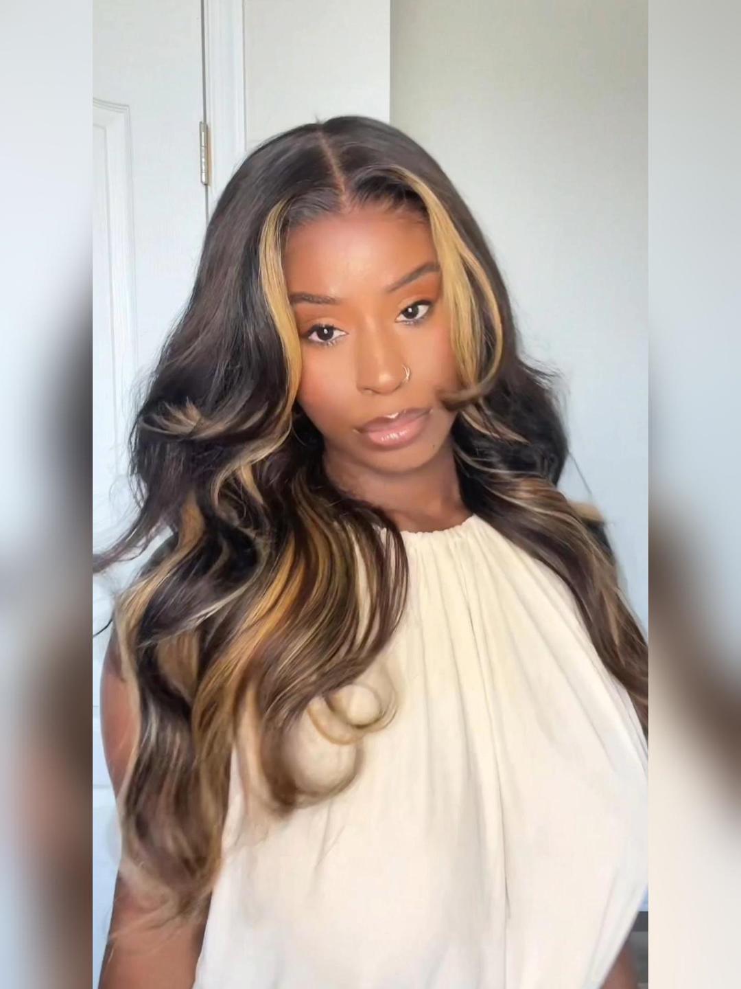 7x5 Bye-Bye Slip Loose Wave Butterscotch Highlights Brown with Free Face Framing Bangs Wig