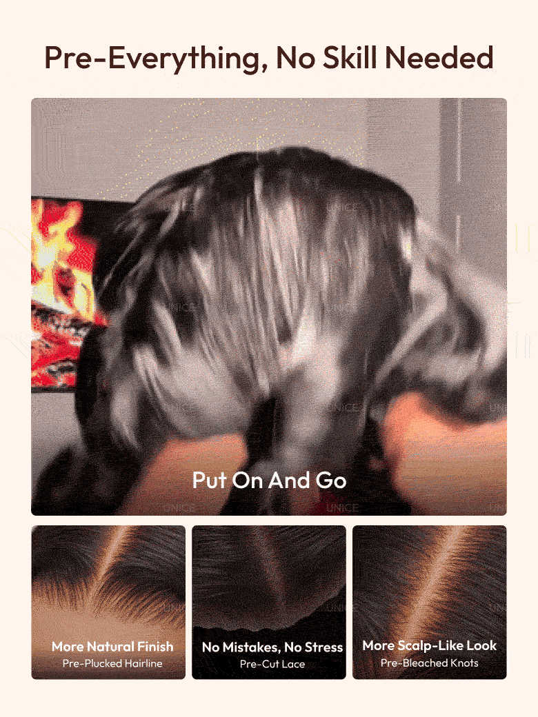 Secure glueless wig with bangs features: pre-plucked hairline, pre-cut lace, and pre-bleached knots.