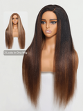 Petaluxe Double Wear 4x4 Yaki Straight Wig Ombre Chestnut Brown & Honey Blonde Higlight 2 Styles In 1 Put On And Go Wig