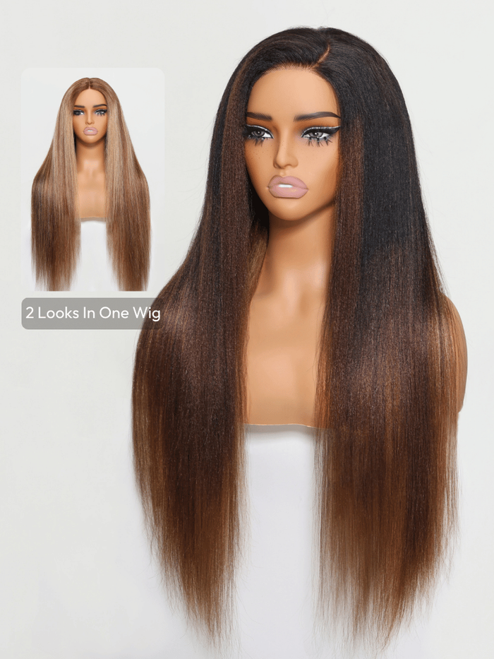 Petaluxe Double Wear 4x4 Yaki Straight Wig Ombre Chestnut Brown & Honey Blonde Higlight 2 Styles In 1 Put On And Go Wig