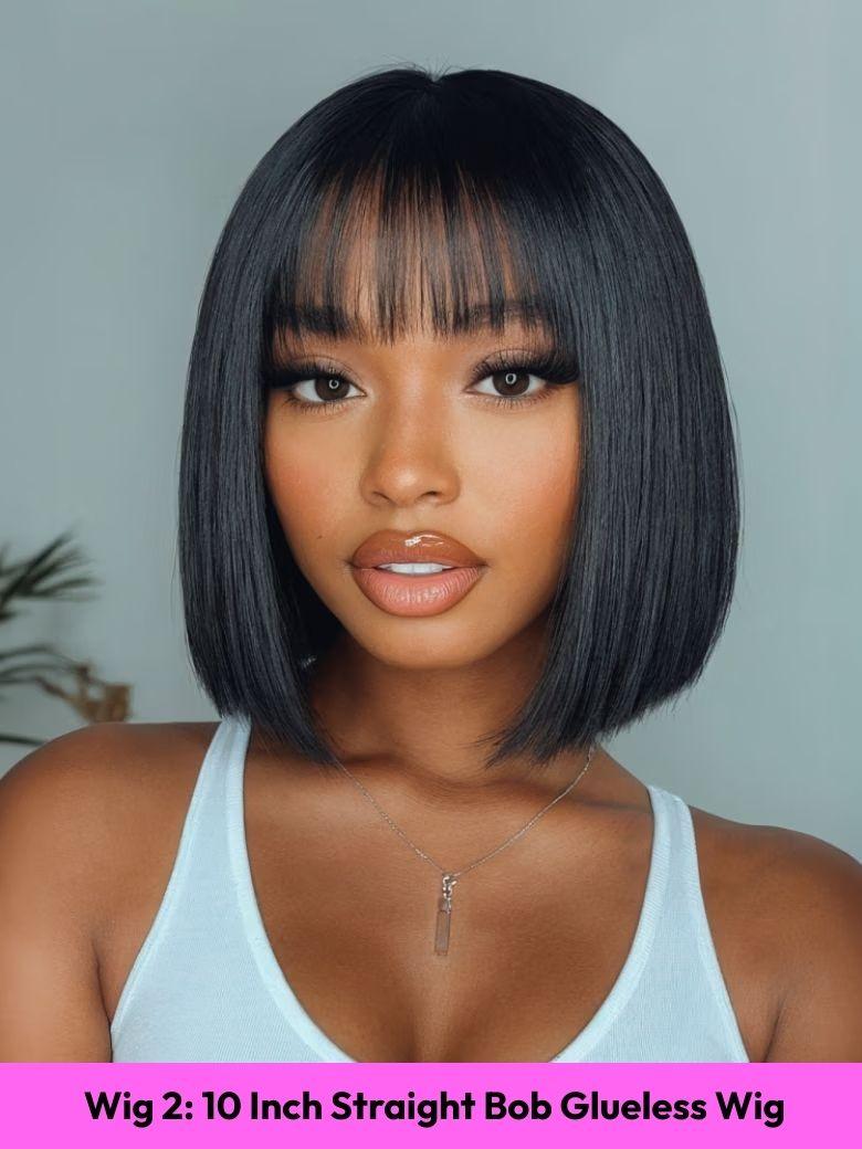 Black Yaki Wig Human Hair Glueless Wig with Blunt Bangs