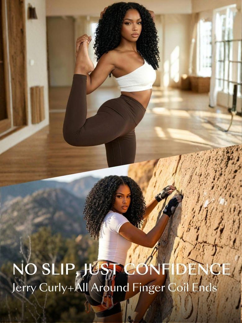 A woman with curly hair��thanks to a glueless no lsip wig for exercise��does a yoga pose indoors in the top image and rock climbs outdoors in the bottom image.