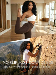 A woman with curly hair��thanks to a glueless no lsip wig for exercise��does a yoga pose indoors in the top image and rock climbs outdoors in the bottom image.