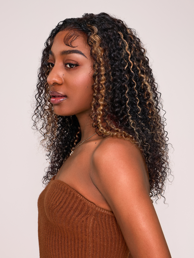 [From 20"] 6x4.5 Pre Cut Lace Curly Wig Put On And Go Quick Easy Black With Blonde Highlights 150% Density