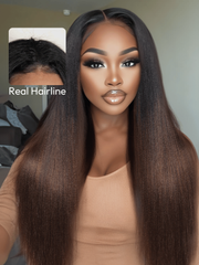 Glueless EasiContour? V Part Black to Chestnut Brown Ombre Yaki Wig With Invisi Drawstring