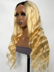 Glueless Blonde with Black Roots Body Wave Wig New U Part Beginner Friendly