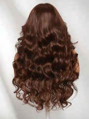 7x5 Bye Bye Slip? Lace Auburn/Red Brown Fluffy Loose Wave Wig with Wispy Bangs 180% Density