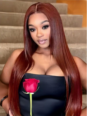 [$27 Limited] Precut 4x4 Lace Red Brown Kinky Straight Wig 150 Density