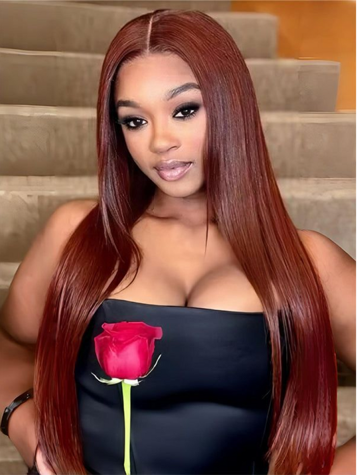 Petaluxe [$27 Limited] Precut 4x4 Lace Red Brown Kinky Straight Wig 150 Density
