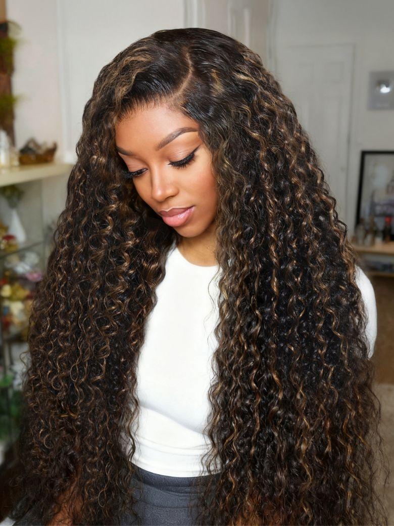 Bye-Bye Knots? 7x5 Lace Curly Glueless Wig With Golden Brown Highlights