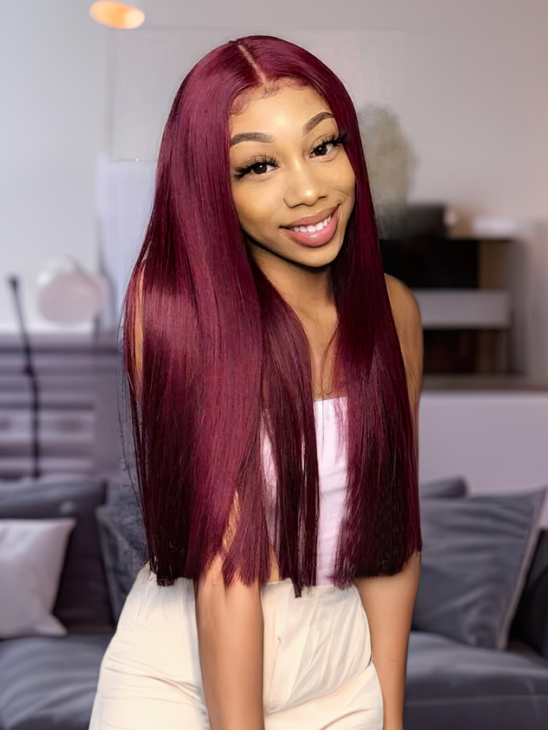Lace Part 99J Pre Plucked Burgundy Virgin Straight Hand Tied Hair Line Wig