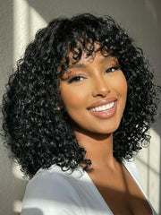 [From 18 Inch] 4x0.75 Lace Shaggy Natural Black Defined Curly Wig with Bangs for Beginner