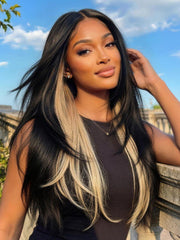 Bye-Bye Knots? 7x5 Lace Black with Blonde Peekaboo Highlights Layered Straight Wigs with Invisi Drawstring
