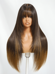 Bye-Bye Knots 7x5 Lace Brown to Blonde Ombre Layered Straight Wig With Wispy Bangs