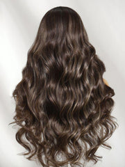 13x4 Bye Bye Slip? Lace Frontal Dark Chocolate Brown with Caramel Highlights Body Wave Wig with Side Part Bangs