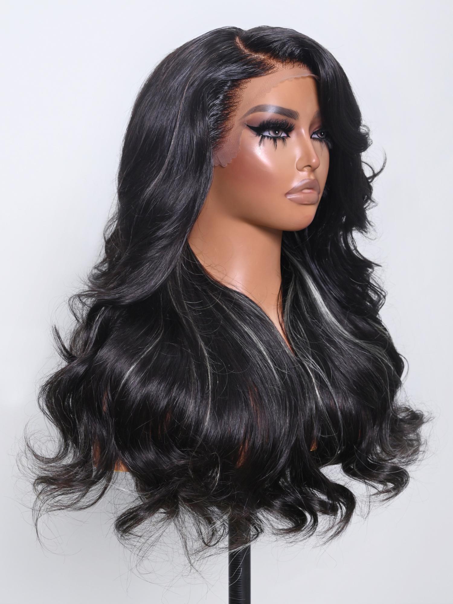 13x4 Lace Front Black Loose Wave Wig With Blonde Peekaboo Highlights