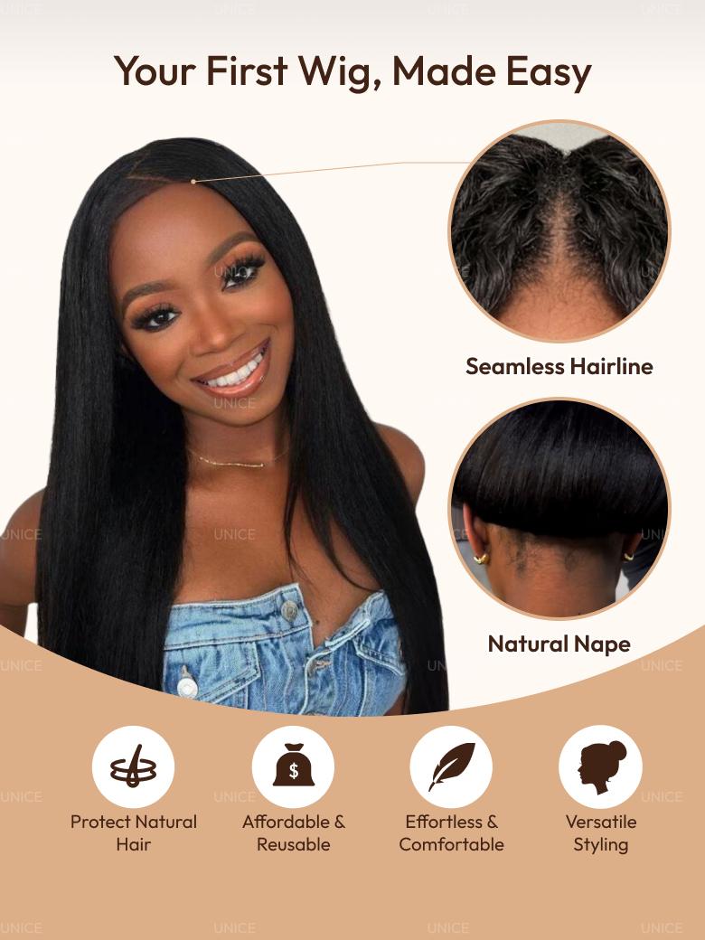 EasiContour? V Part Glueless Yaki Straight Wig With Invisi Drawstring 100% Human Hair 150% & 180% Density