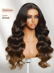 13x4 Bye Bye Slip? Lace Frontal Dark to Brown Ombre with Caramel Blonde Ends Yaki Body Wave Glueless Wig