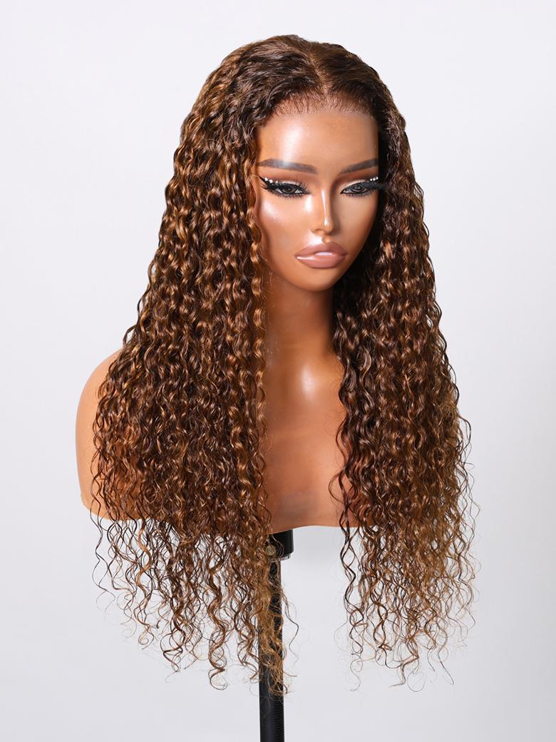 7x5 Byebye Knots Put On And Go Brown Piano Highlights Water Wave Glueless Wig 150% Density