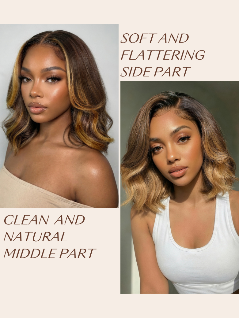 13x4 Pre-Everything? Lace Frontal Brown With Honey Blonde Face-Framing Highlights Wavy Bob Drawstring Wig