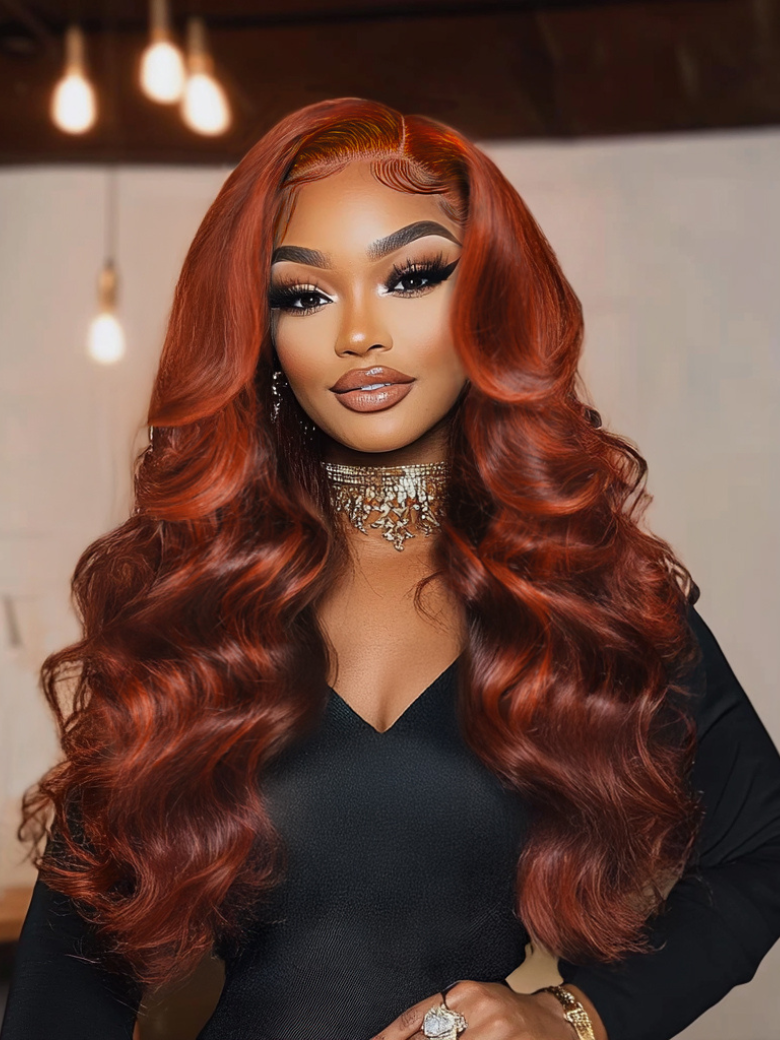 [Discount x2] Bye-Bye Knots 7x5 Lace Loose Wave Red Orange Highlights Wig with Face Framing Layers 150% Density