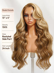 24-inch honey blonde 13x4 lace front wig with 150% density and restyled side part on a mannequin.
