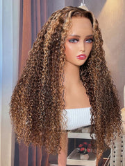 Ombre Honey Blonde Money Piece Highlight Lace Front Curly Human Hair Wigs 100% Human Hair