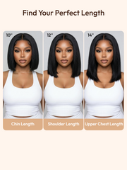 yaki straight short bob wig chart comparing 10-inch chin length, 12-inch shoulder, and 14-inch upper chest options.