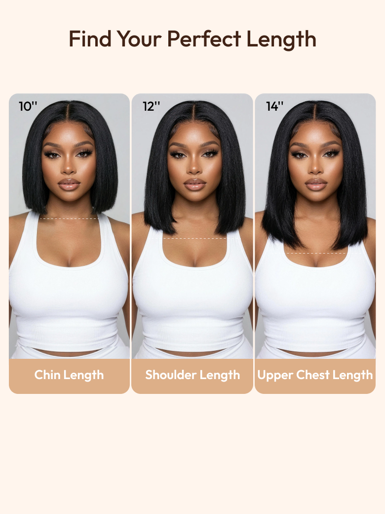 yaki straight short bob wig chart comparing 10-inch chin length, 12-inch shoulder, and 14-inch upper chest options.