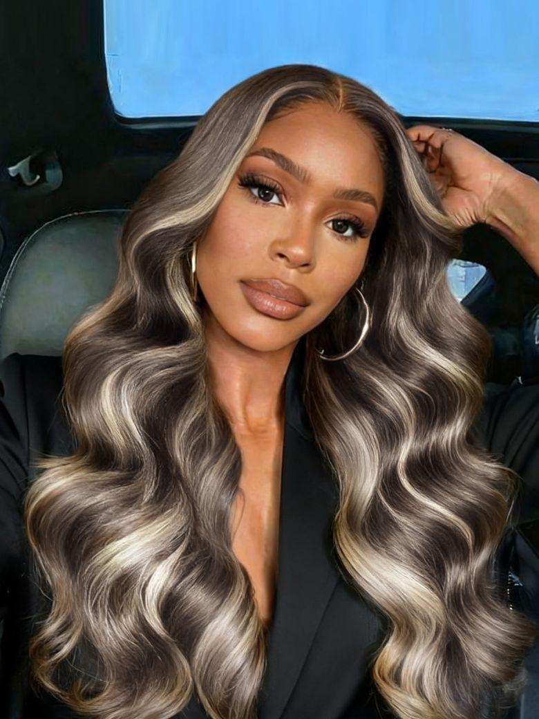 13x4 Pre-Everything? Lace Frontal Ash Brown Blonde Highlights Loose Wave Drawstring Wig with Face Framing Layers