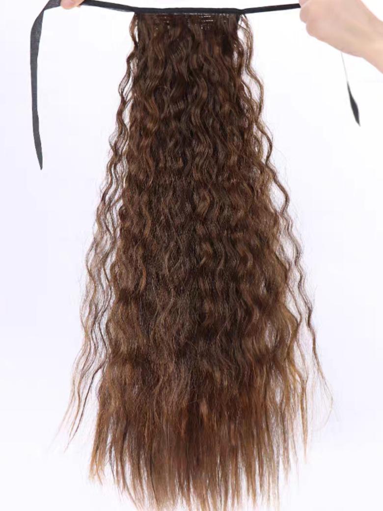 Machine-Made Dark Brown Deep Wave Clip-In Ponytail Extension