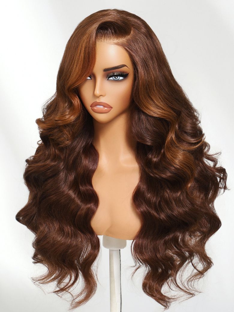 13x4 Pre-Everything? Lace Frontal Cinnamon Brown Body Wave Drawstring Wig with Side-Swept Bangs