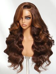 13x4 Pre-Everything? Lace Frontal Cinnamon Brown Body Wave Drawstring Wig with Side-Swept Bangs